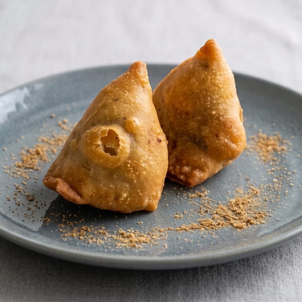 Two golden-brown samosas dusted with spices on a grey plate, against a light linen background.