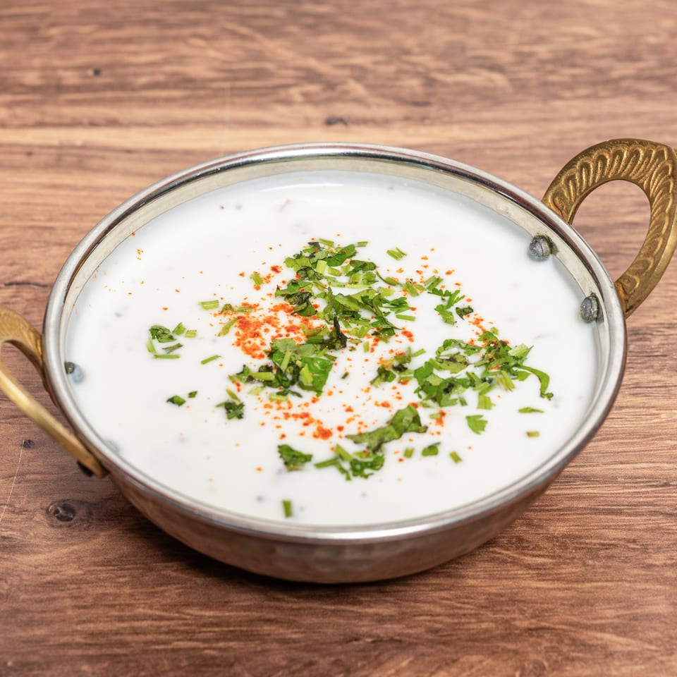Creamy white yogurt dish garnished with chopped cilantro and red chili powder in a handled metal serving bowl.